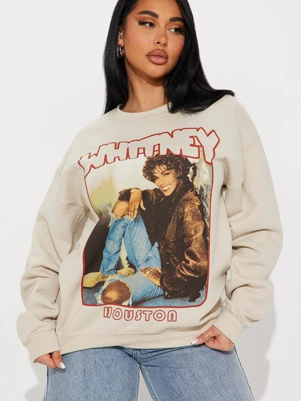 FASHION NOVA Women's Whitney Houston Crew Neck Sweatshirt Size L in Sand